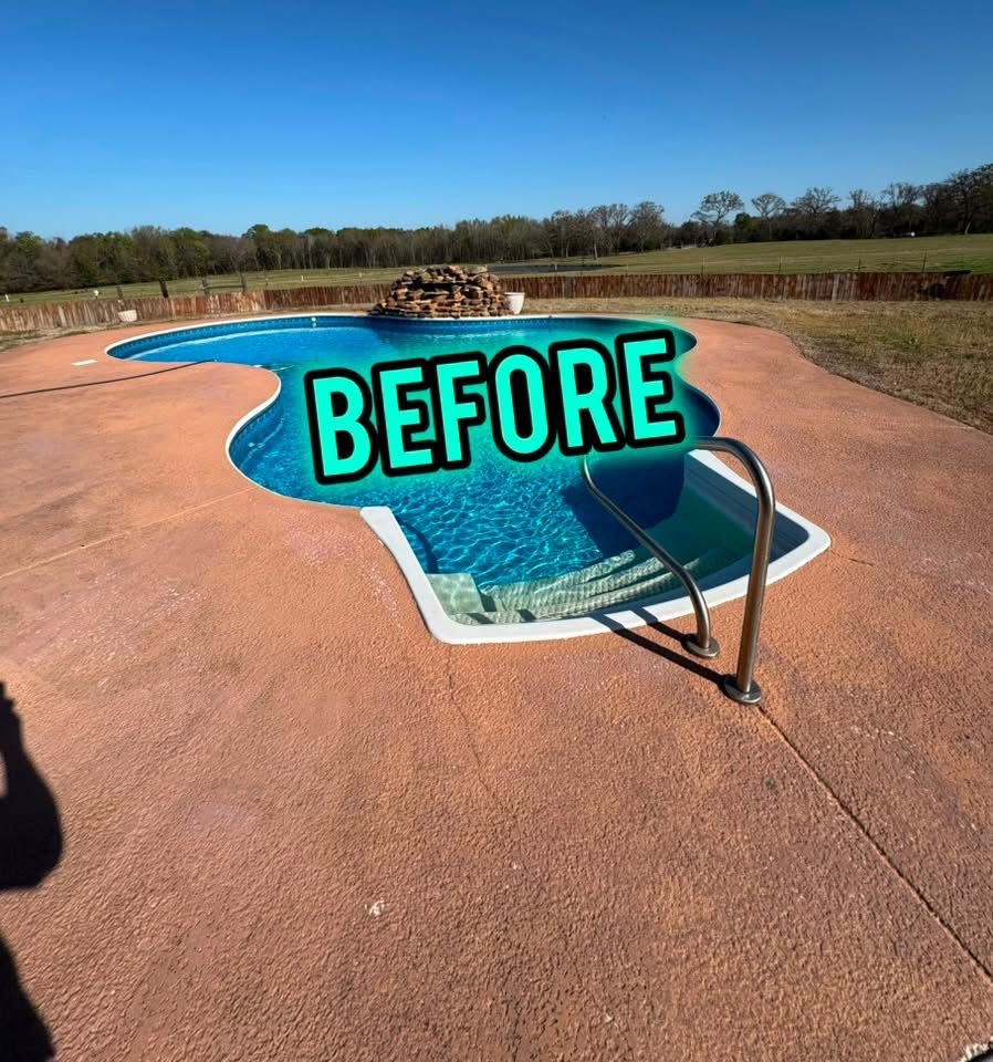 Brown stamped concrete pool deck in an open field marked before resurfacing