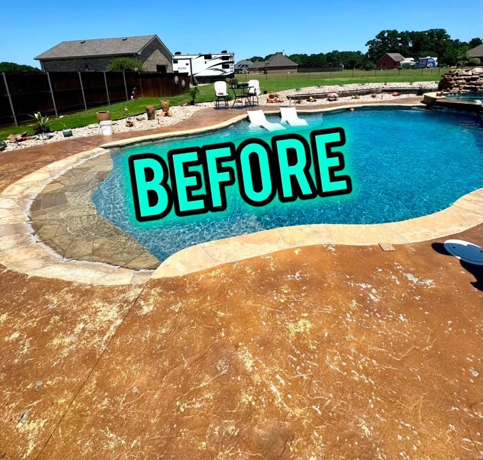Tan stamped concrete pool deck in an open field before resurfacing