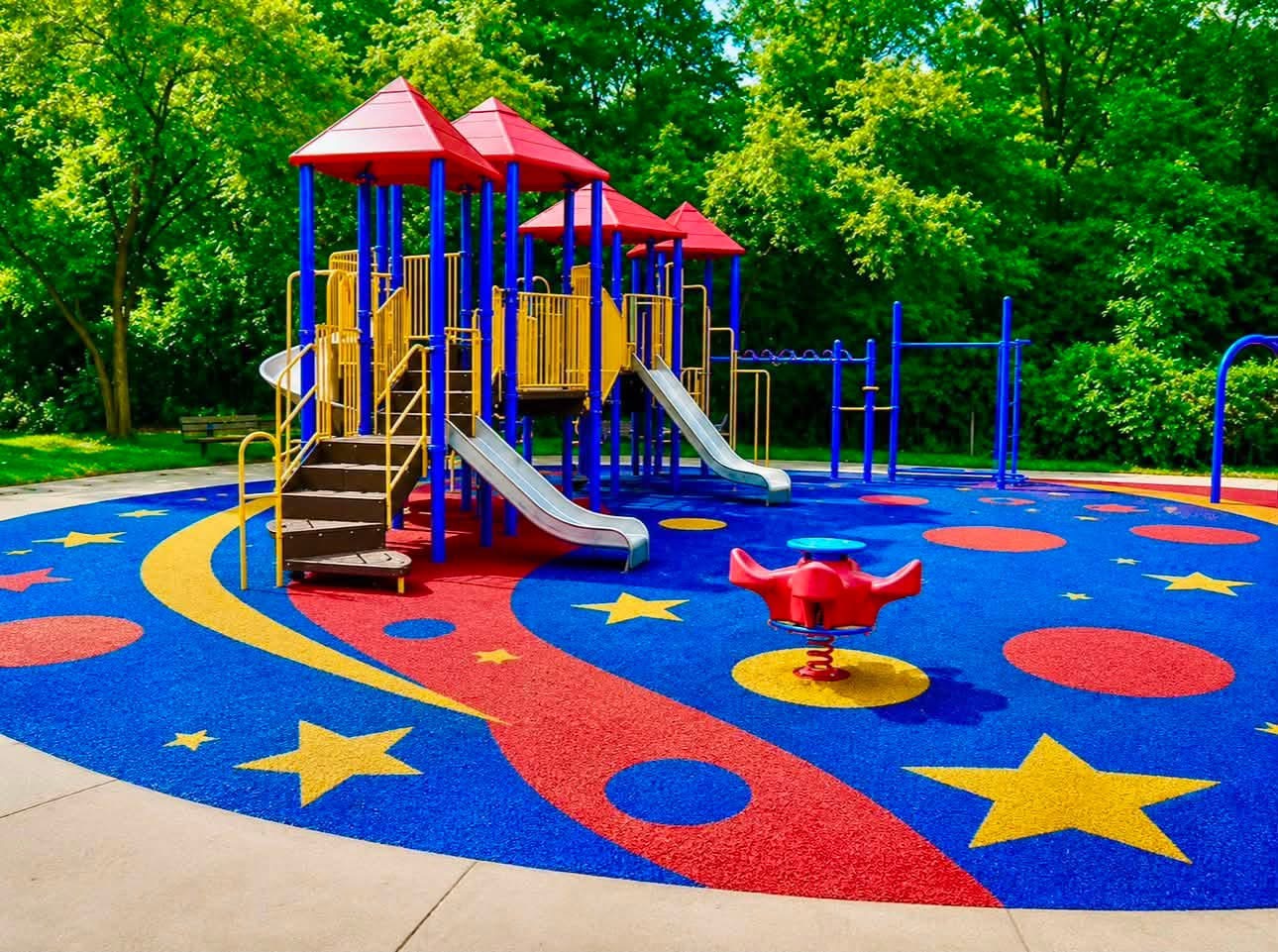 Ground-level view of a commercial playground with custom red, blue, and yellow EPDM rubber surfacing
